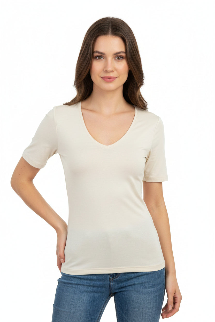 Maglietta estiva da donna con scollo a U in spandex e lyocell disponibile in 7 colori