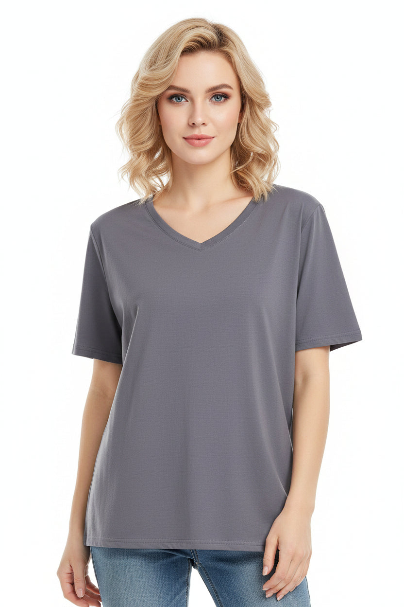 Maglietta estiva da donna con scollo a V in cotone e nylon disponibile nei colori marrone e grigio