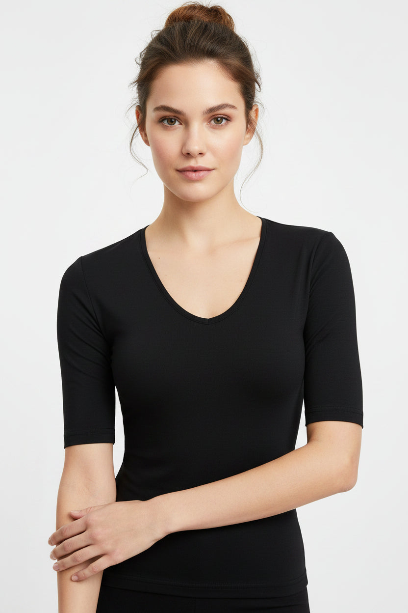 Maglietta estiva da donna con scollo a U in spandex e lyocell disponibile in 7 colori