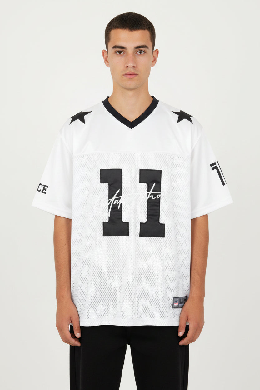 Maglietta uomo stile rugby americano bianca con numero 11 e scollo a V in poliestere