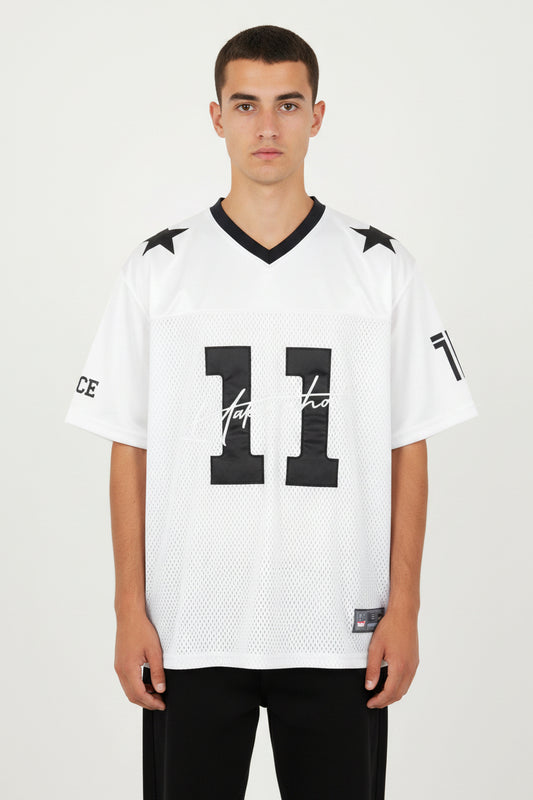 Maglietta uomo stile rugby americano bianca con numero 11 e scollo a V in poliestere