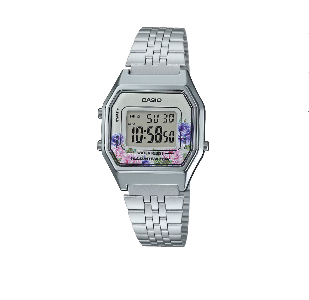 Acquista l'Orologio Digitale Casio LA680WA-4C da Donna, con design vintage, cassa argentata e bracciale in acciaio inox.