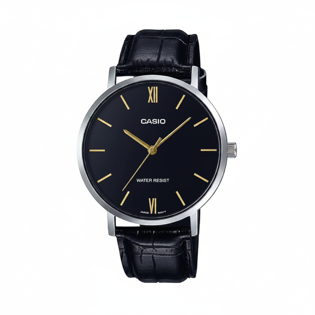 Orologio Casio per uomo, quadrante nero, cinturino in pelle di colore nero, movimento al quarzo, modello: MTP-VT01L-1B