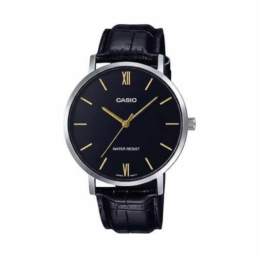 Orologio Casio per uomo, quadrante nero, cinturino in pelle di colore nero, movimento al quarzo, modello: MTP-VT01L-1B