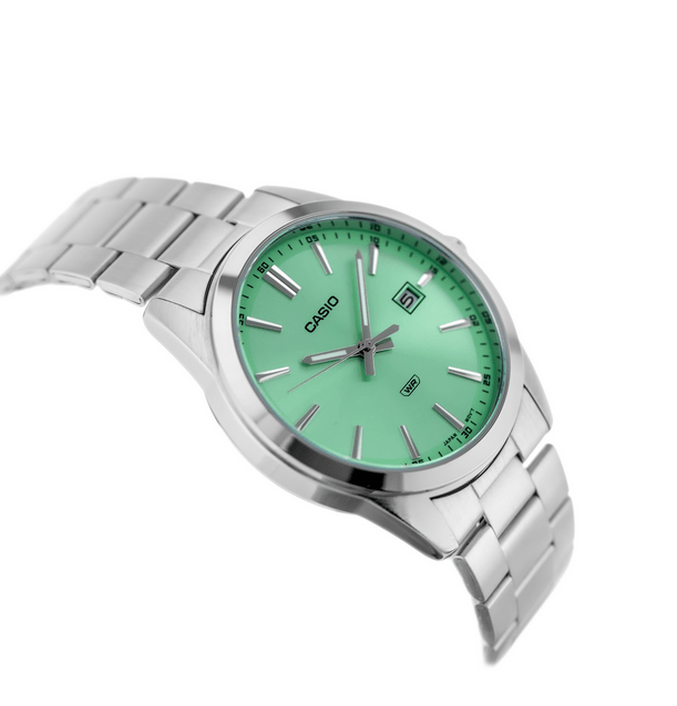 Orologio Casio per uomo, quadrante color menta, con segna dat, cinturino in acciaio color argento, movimento al quarzo, modello: MTP-VD03D-3A2