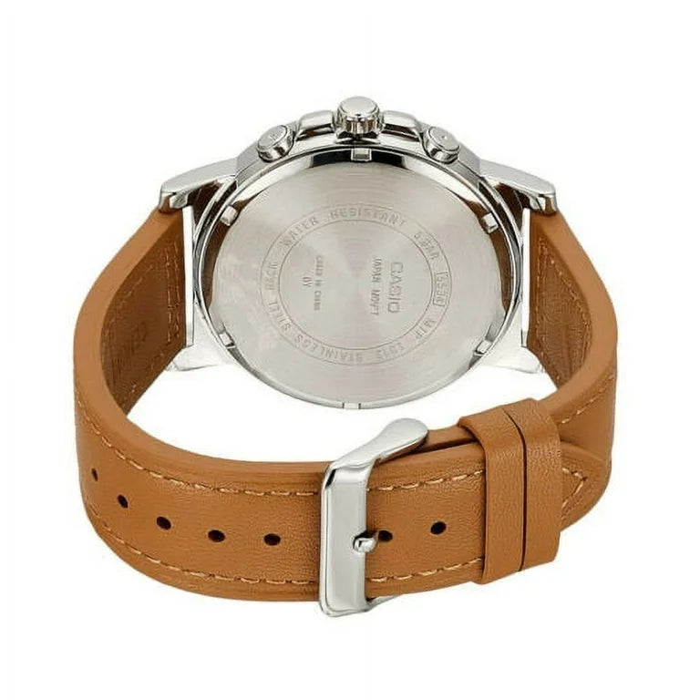 Orologio Casio, quadrante di colore blu con segna data e giorno della settimana, cinturino in pelle di colore beige, movimento al quarzo, modello: MTP-E129L-2B2