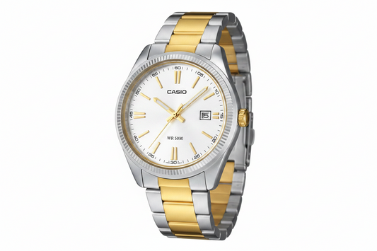 Orologio asio per uomo, quadrante argento e oro, cinturino in acciaio color argento e oro con segna data, movimento al quarzo, modello: MTP-1302SG-7A