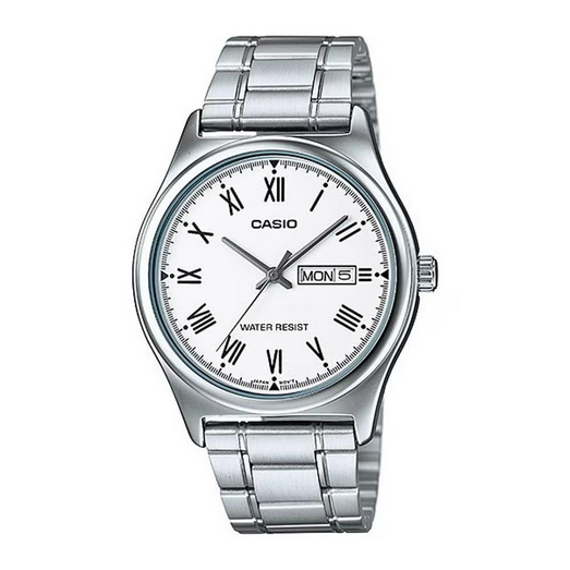 Orologio da polso casio per uomo con quadrante bianco segna data e giorno della settimana, cinturino in acciaio color argento con movimento al quarzo