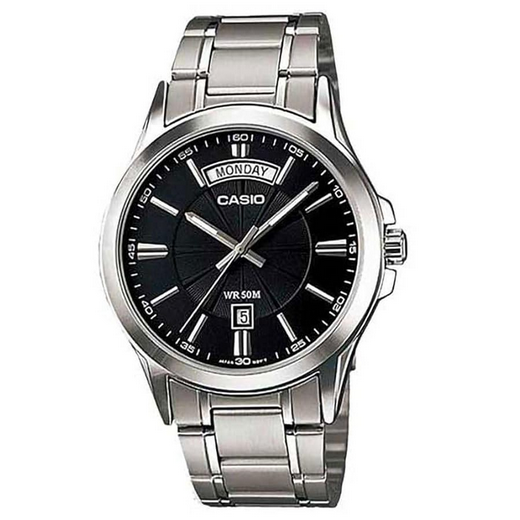 Orologio Casio per uomo, quadrante di colore nero con segna data e giorno della settimana, cinturino in acciaio color argento, con movimento al quarzo, modello: MTP-1381D-1A