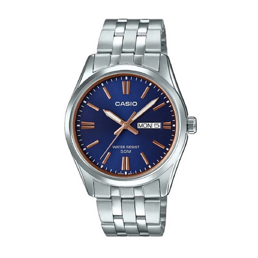 Orologio casio per uomo, quadrante colore blu con segna data e giorno della settimana, con cinturino in acciaio color argento, movimento al quarzo, modello: MTP-1335D-2A2