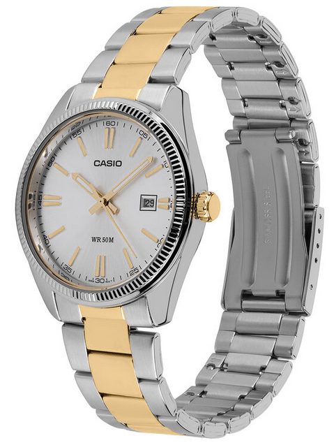 Orologio asio per uomo, quadrante argento e oro, cinturino in acciaio color argento e oro con segna data, movimento al quarzo, modello: MTP-1302SG-7A