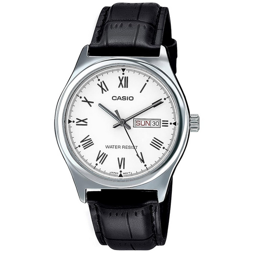 Orologio Casio per uomo con quadrante bianco con segna data e giorno della settimana, cinturino in pelle nero, movimento al quarzo