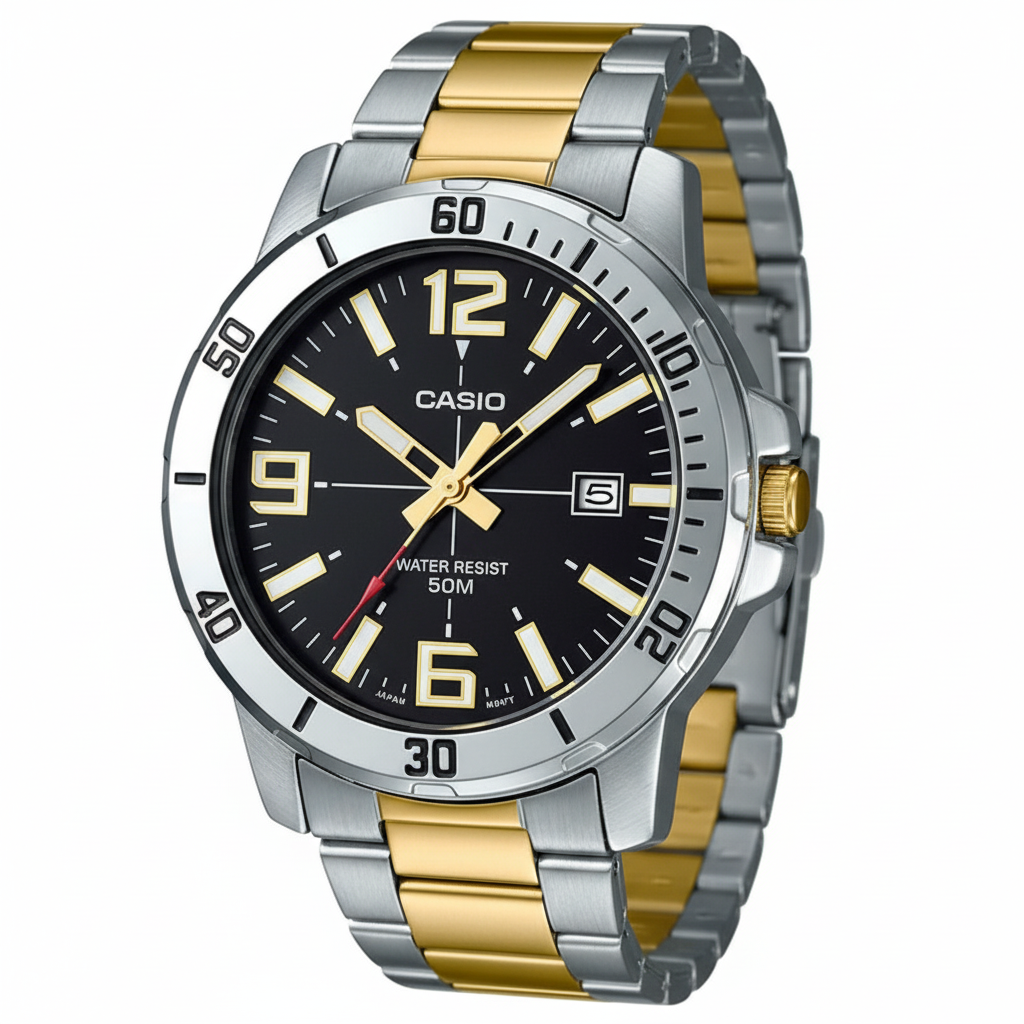 Orologio uomo casio in acciaio color oro ins conto, economico modello: MTP-VD01SG-1B