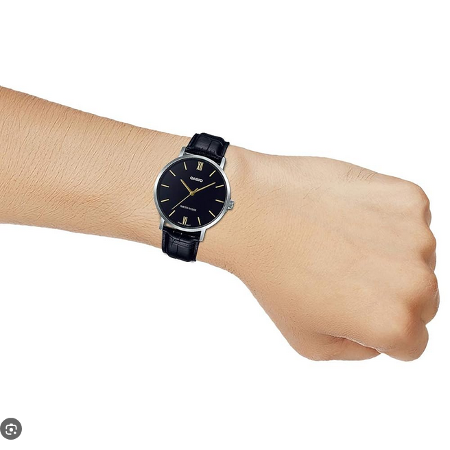 Orologio Casio per uomo, quadrante nero, cinturino in pelle di colore nero, movimento al quarzo, modello: MTP-VT01L-1B