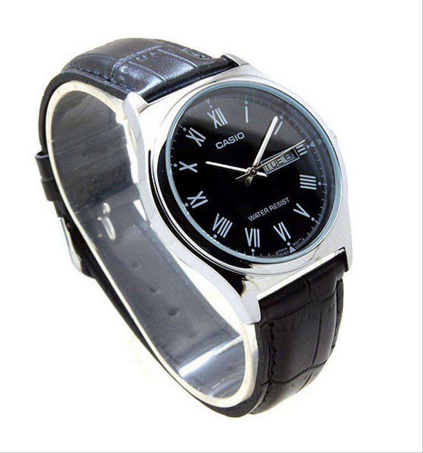 Orologio Casio per uomo economico quadrante nero con citnurino in pelle nero, movimento al quarzo, modello: MTP-V006L-1B