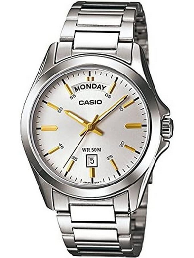 Orologio Casio per uomo, quadrante bianco con cinturino in acciaio color argento, movimento al quarzo, modello: MTP-1370D-7A2