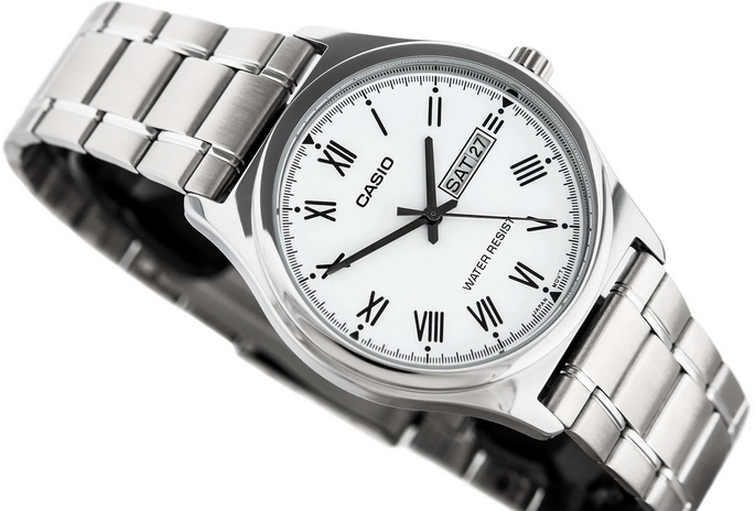 Orologio da polso casio per uomo con quadrante bianco segna data e giorno della settimana, cinturino in acciaio color argento con movimento al quarzo