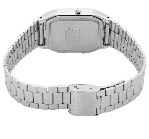 Orologio Casio unisec, quadrante nero con orario digitale e analogico, cinturino in acciaio color argento, movimento al quarzo, modello: AQ-230A-1D