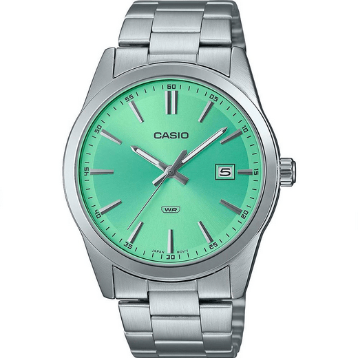 Orologio Casio per uomo, quadrante color menta, con segna dat, cinturino in acciaio color argento, movimento al quarzo, modello: MTP-VD03D-3A2