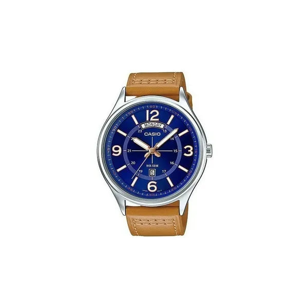 Orologio Casio, quadrante di colore blu con segna data e giorno della settimana, cinturino in pelle di colore beige, movimento al quarzo, modello: MTP-E129L-2B2