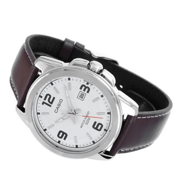 Orologio casio uomo economico, colore bianco con cinturino in pelle marrone, MTP-1314L-7A