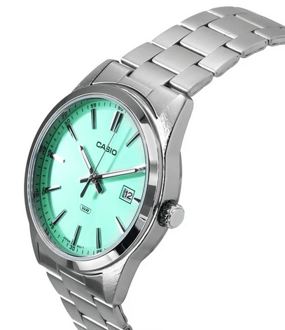Orologio Casio per uomo, quadrante color menta, con segna dat, cinturino in acciaio color argento, movimento al quarzo, modello: MTP-VD03D-3A2