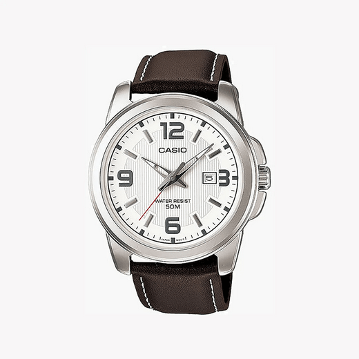 Orologio casio uomo economico, colore bianco con cinturino in pelle marrone, MTP-1314L-7A
