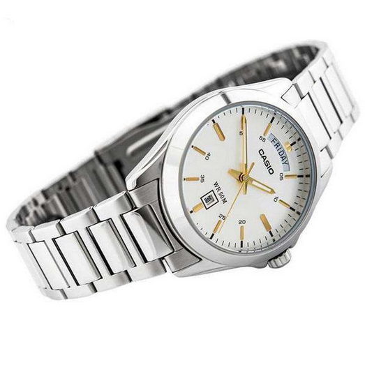 Orologio Casio per uomo, quadrante bianco con cinturino in acciaio color argento, movimento al quarzo, modello: MTP-1370D-7A2