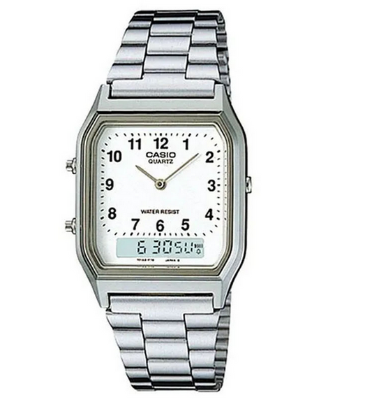 Orologio casio unisex quadrante bianco con doppio orario analogico e digitale, movimento al quarzo, modello: AQ-230A-7B