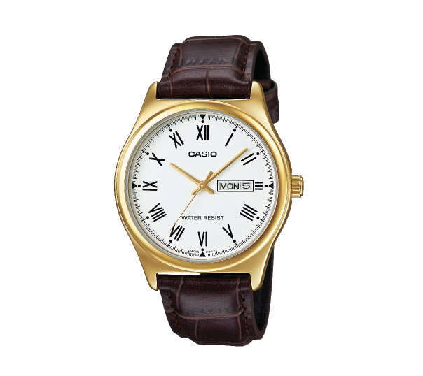 Orologio casio per uomo, quadrnate bianco con segna data e giorno della settimana, cinturino in pelle di colore marrone, movimento al quarzo, modello: MTP-V006GL-7B