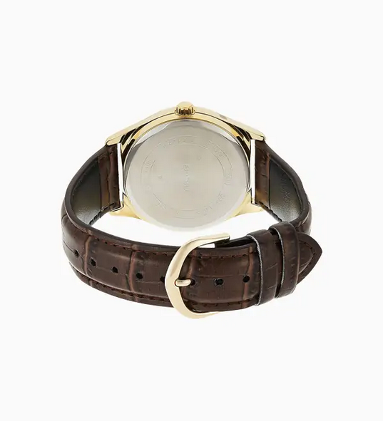 Orologio casio per uomo, quadrnate bianco con segna data e giorno della settimana, cinturino in pelle di colore marrone, movimento al quarzo, modello: MTP-V006GL-7B