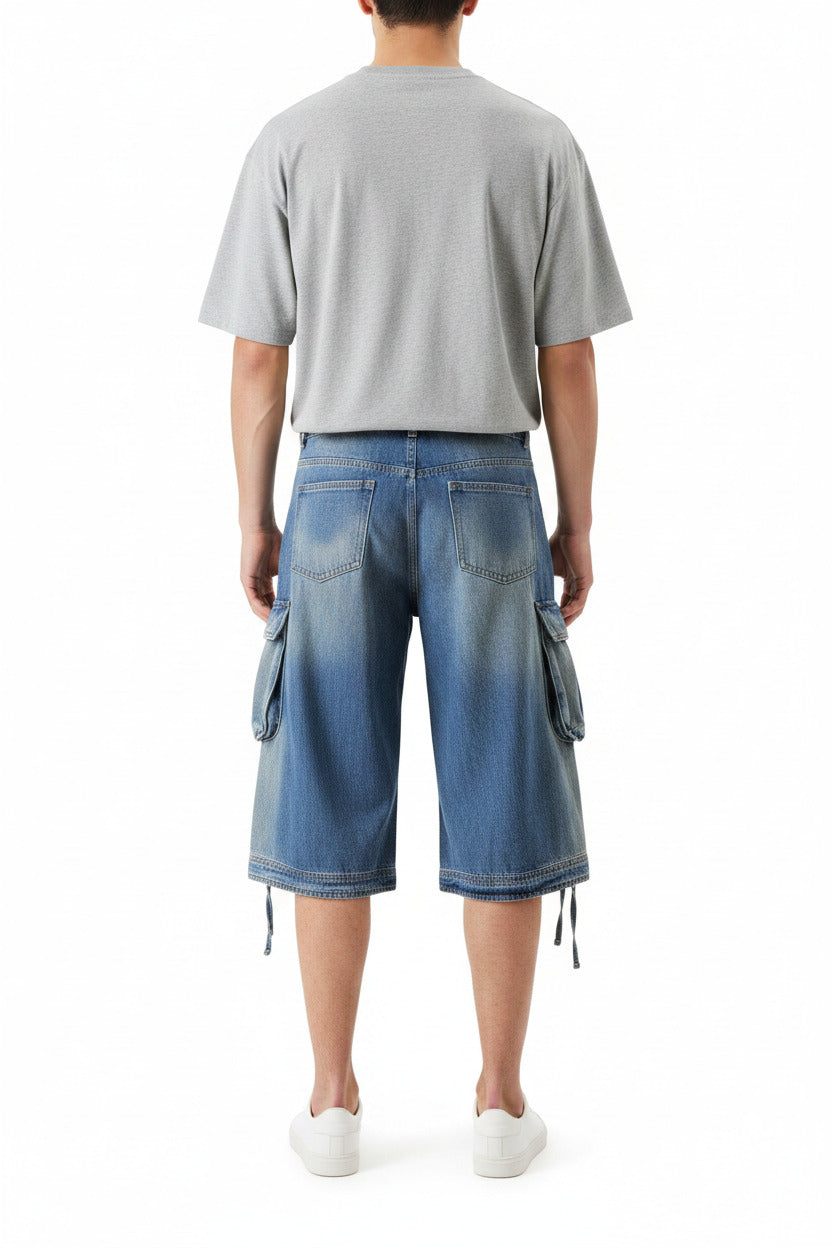 Bermuda a jeans per uomo multitasche, estiv vestibilità ampia