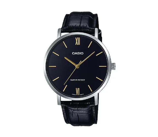 Casio MTP-VT01L-1B - Orologio da Uomo Minimal con Cinturino in Pelle Nera e Quadrante Nero
