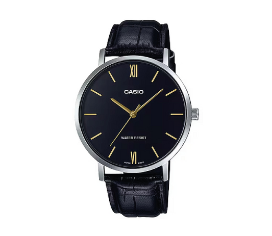 Casio MTP-VT01L-1B - Orologio da Uomo Minimal con Cinturino in Pelle Nera e Quadrante Nero