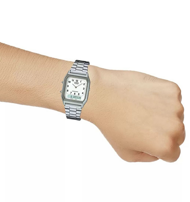 Casio AQ-230A-7B Orologio Vintage Unisex Analogico Digitale – Dual Time, Cronometro, Allarme, Acciaio Inox