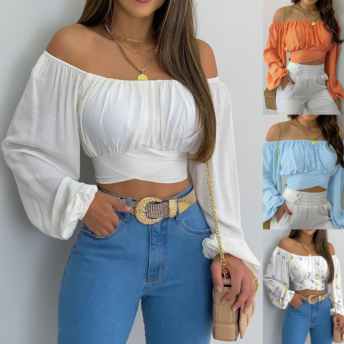 Top elegante a maniche lunghe con cravatta incrociata e spalle scoperte da donna, perfetto per look casual e serate eleganti.
