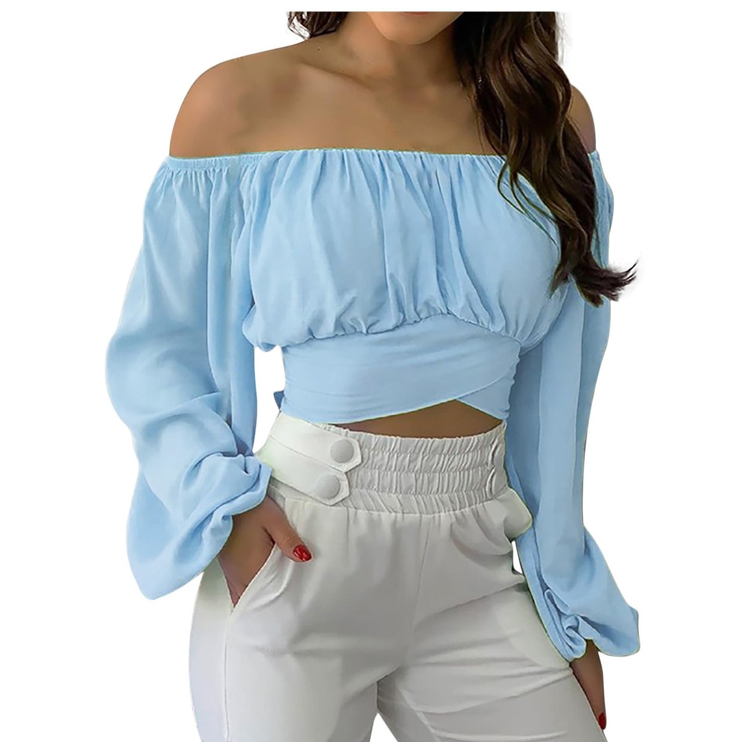 Top elegante a maniche lunghe con cravatta incrociata e spalle scoperte da donna, perfetto per look casual e serate eleganti colore celeste