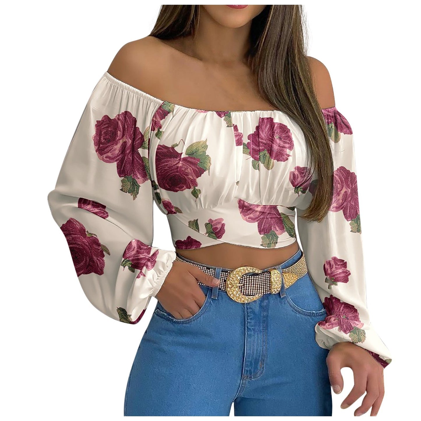 Top elegante a maniche lunghe con cravatta incrociata e spalle scoperte da donna, perfetto per look casual e serate eleganti colore bianco con rose