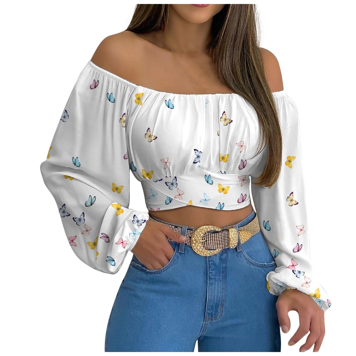 Top elegante a maniche lunghe con cravatta incrociata e spalle scoperte da donna, perfetto per look casual e serate eleganti colore bianco