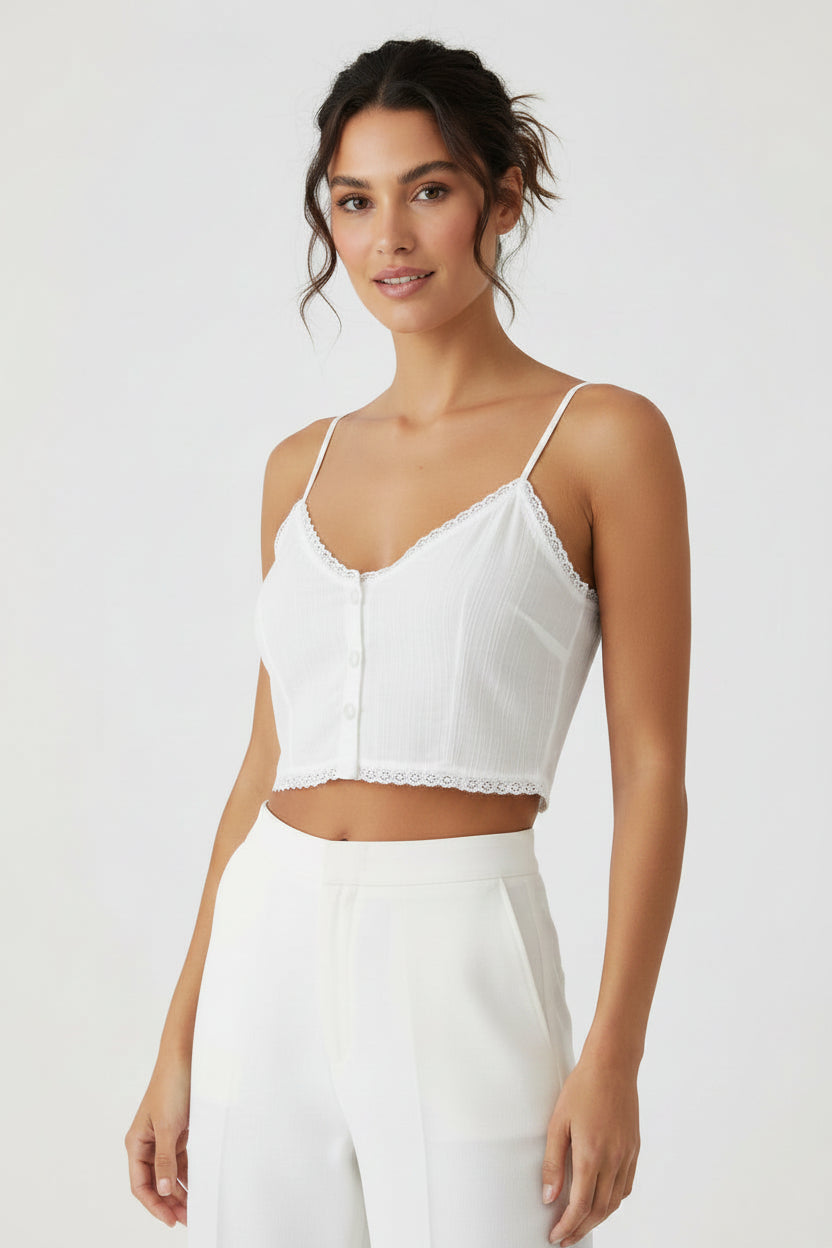 Top donna estivo celeste con spalline sottili e bottoni frontali in cotone e nylon