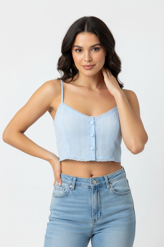 Top donna estivo celeste con spalline sottili e bottoni frontali in cotone e nylon