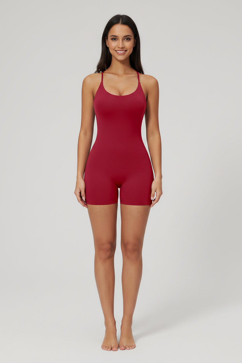 Tuta intera donna sportiva corta aderente in nylon elasticizzato senza maniche con schiena scoperta