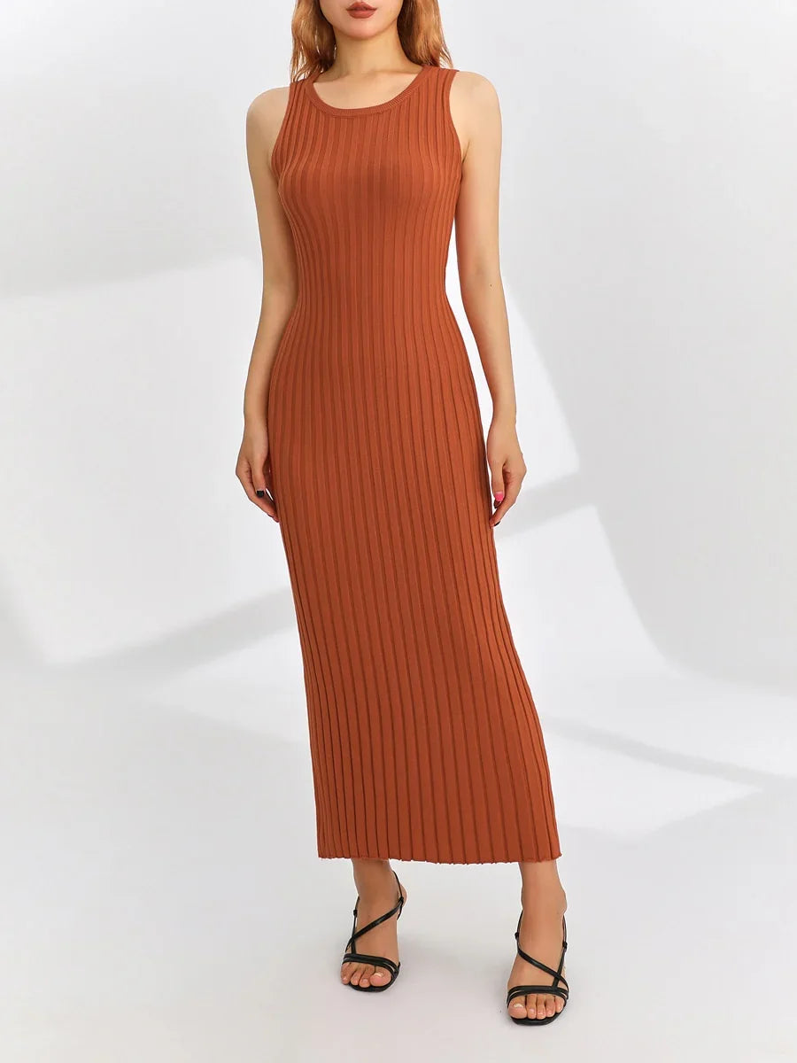 Abito lungo estivo da donna senza maniche in maglia pieghettata, colore bourdeaux