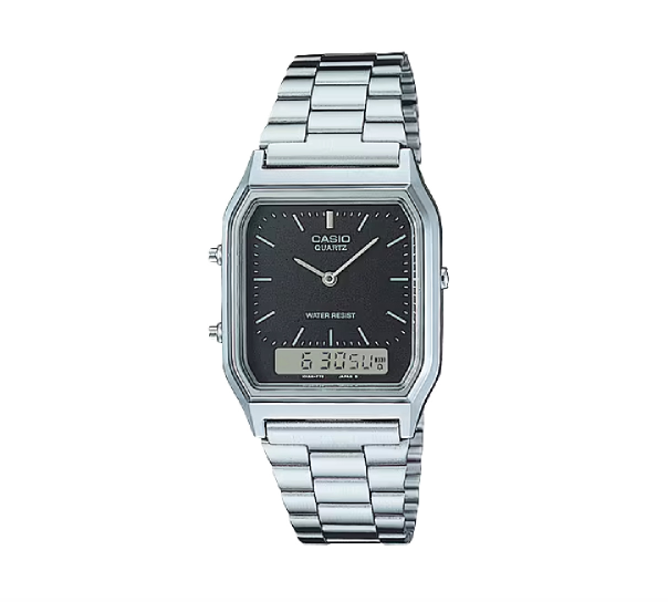 Orologio Casio unisec, quadrante nero con orario digitale e analogico, cinturino in acciaio color argento, movimento al quarzo, modello: AQ-230A-1D