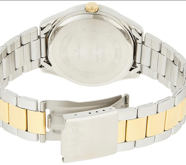 Orologio asio per uomo, quadrante argento e oro, cinturino in acciaio color argento e oro con segna data, movimento al quarzo, modello: MTP-1302SG-7A