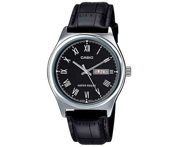 Orologio Casio per uomo economico quadrante nero con citnurino in pelle nero, movimento al quarzo, modello: MTP-V006L-1B