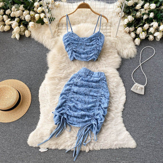 Abito estivo donna due pezzi, set gonna e top in stile coreano, colore blu