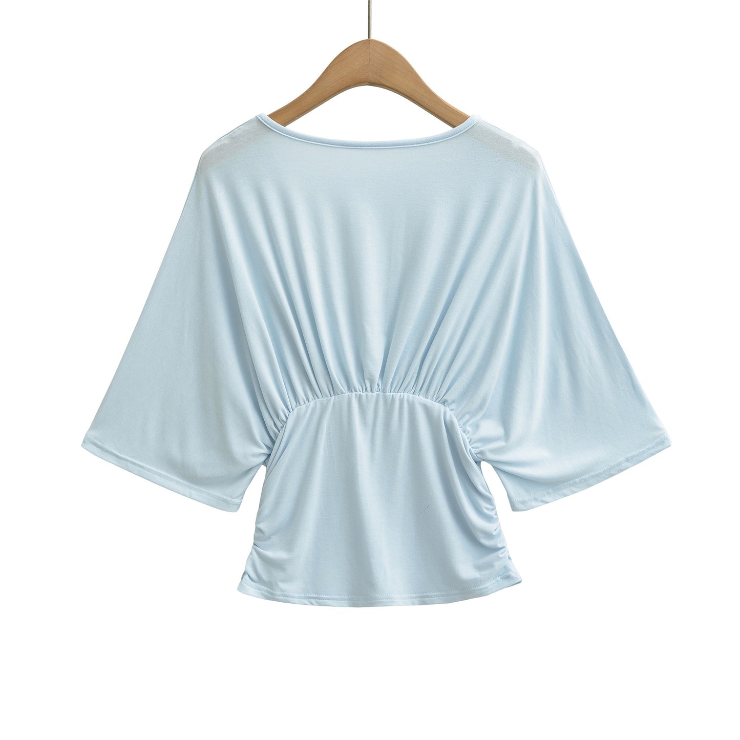 Blusa donna slim fit grigia con scollo a V, manica corta ampia e design arricciato in vita