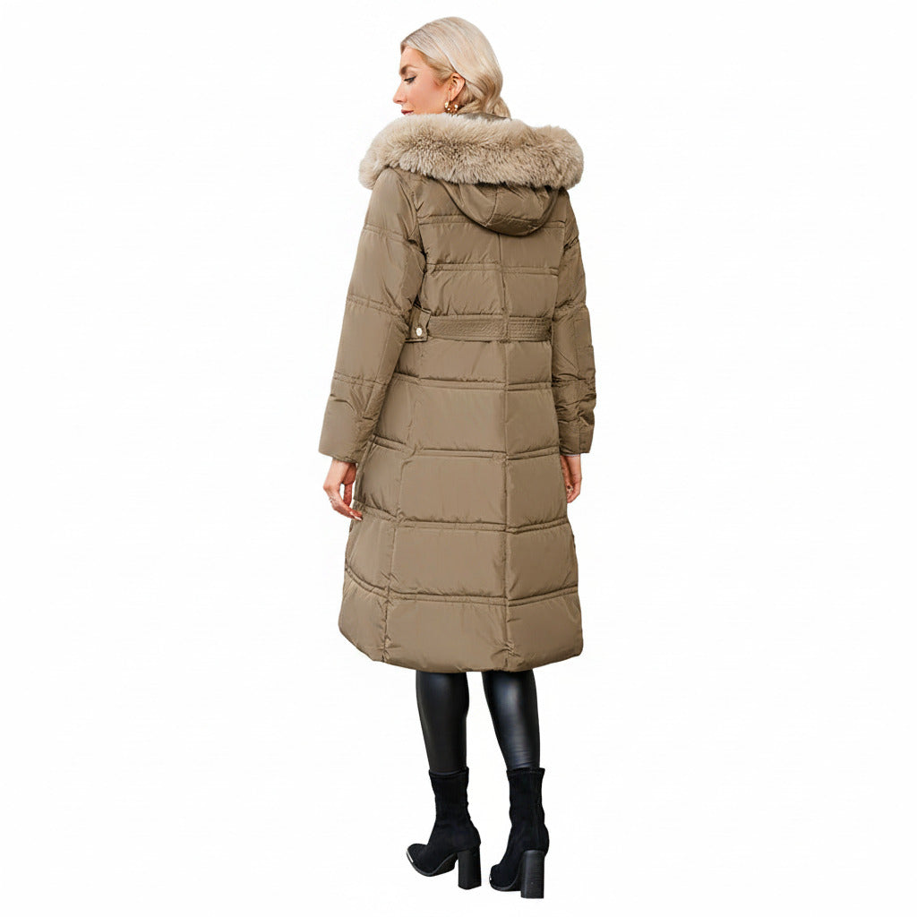 Giubbotto lungo per donna imbottito con cappuccio, cappotto elegante antivento