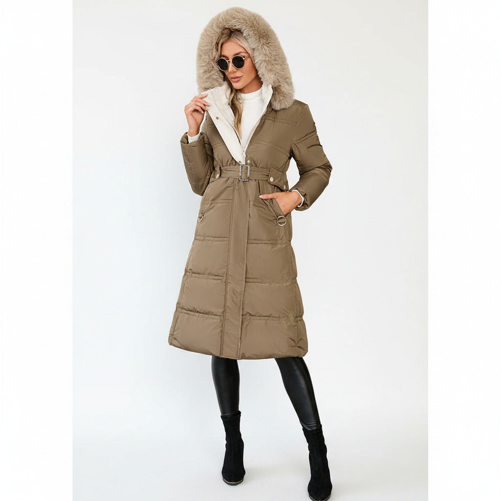 Giubbotto lungo per donna imbottito con cappuccio, cappotto elegante antivento